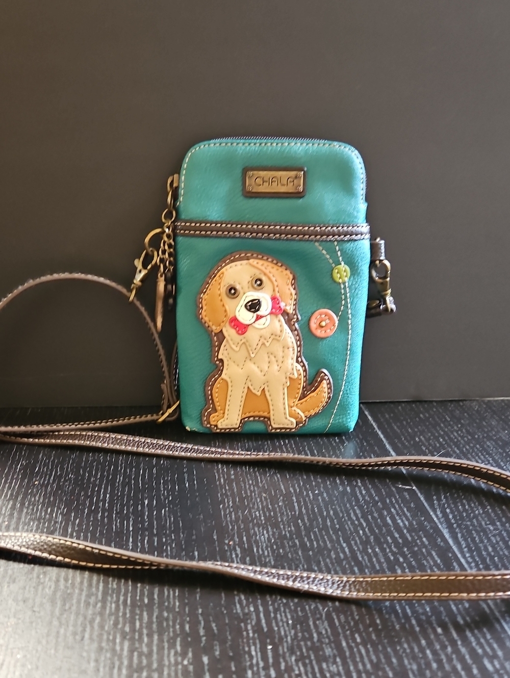 Chala Teal Phone Crossbody with Dog Appliqué and Brown Trim